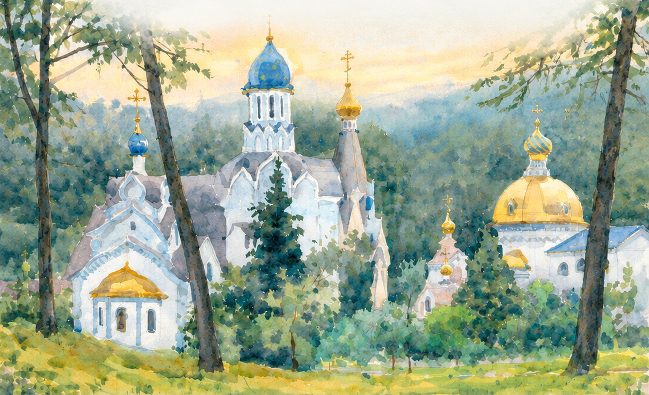 Акварель: храмы обители среди гор и садов
